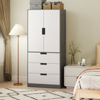Armoire chambre penderie avec 2 portes à fermeture douce, 3 tiroirs et barre de suspension, 80x50x180cm, gris et blanc-1
