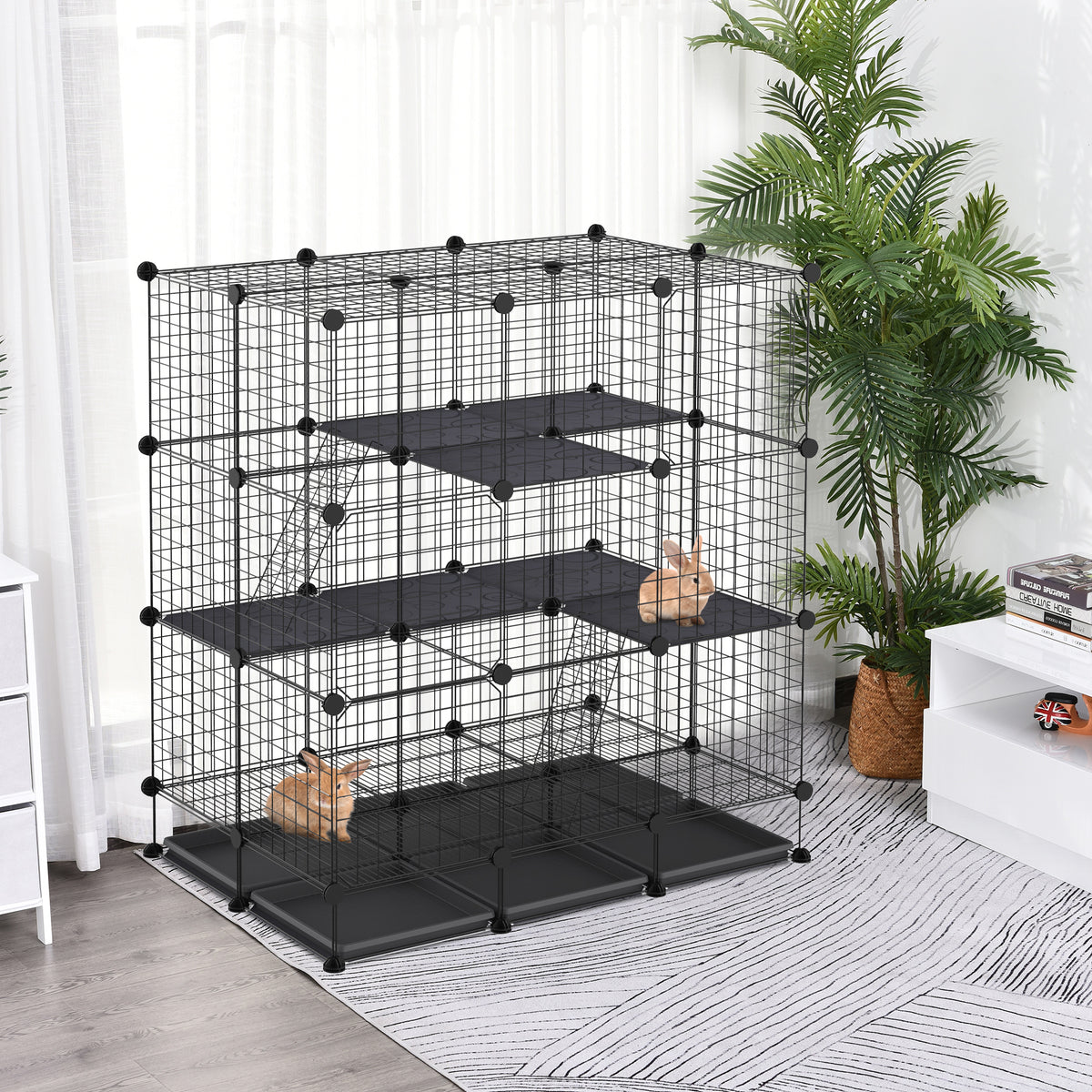 Cage parc enclos rongeurs modulable dim. L 111 x l 75 x H 119 cm 3 niveaux 4 portes fil métallique noir-1