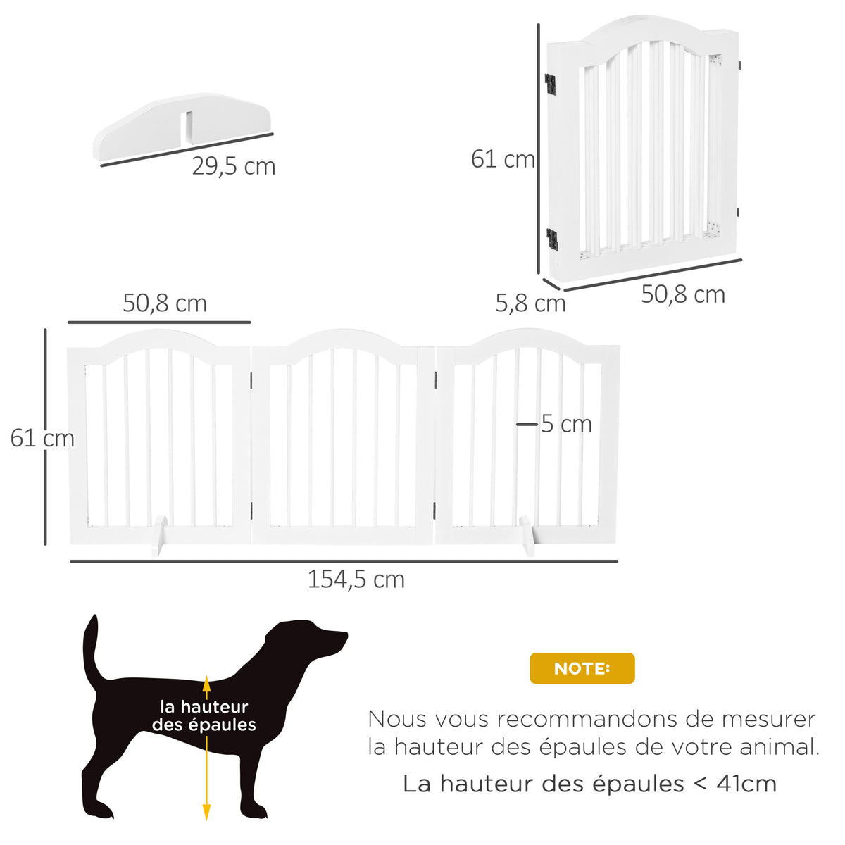 Barrière de sécurité chien barrière modulable pliable pour animaux de compagnie avec pied de support MDF bois massif 154,5 x 61 cm blanc-2