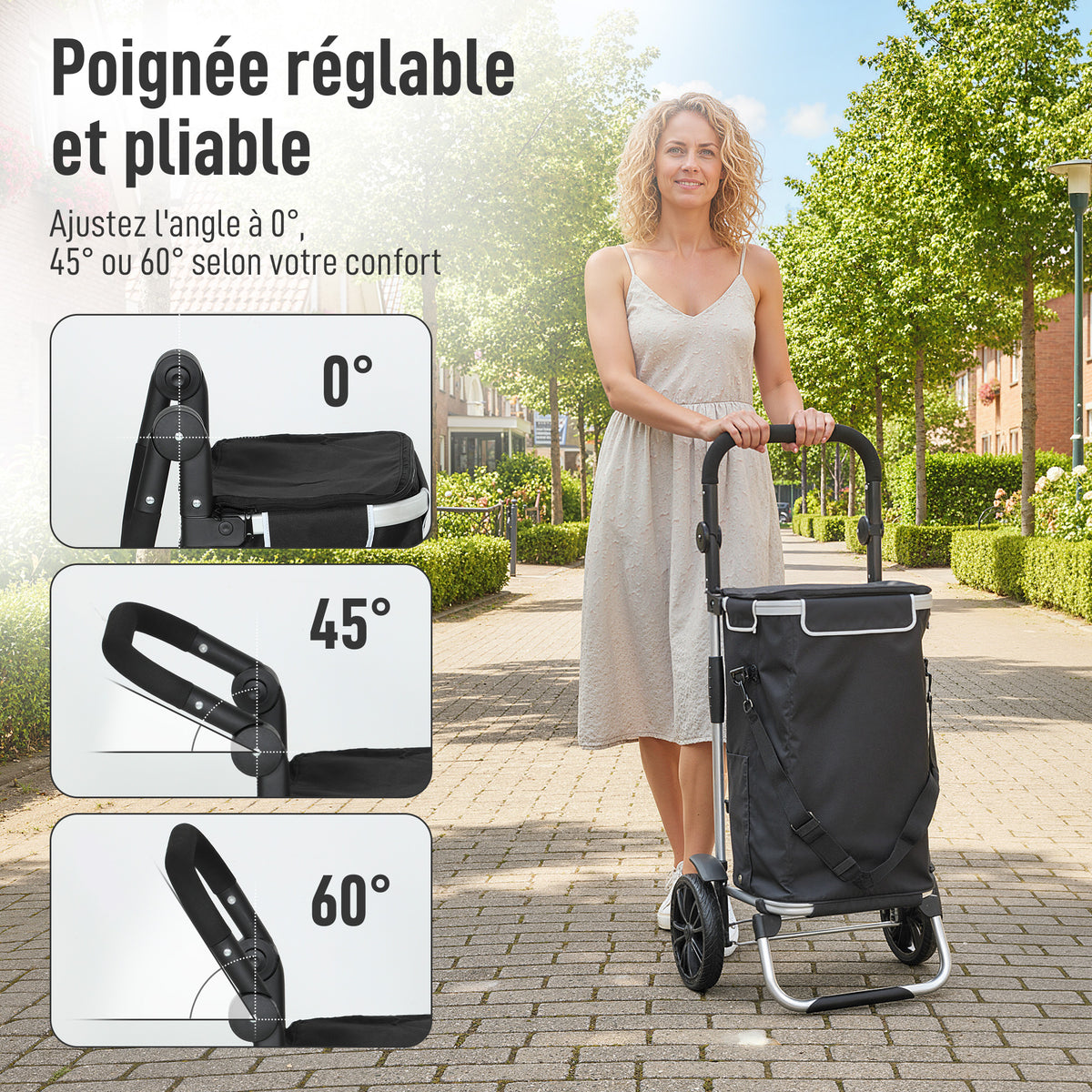 Chariot de courses pliable 40 L caddie de courses portable à roulettes avec poignée télescopique, 45,5x35,5x97cm, noir-7