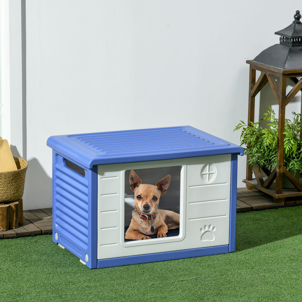 Lot de 2 niches pour chien extérieure en plastique maison pour chiens avec bouches d'aération bleu et blanc-1