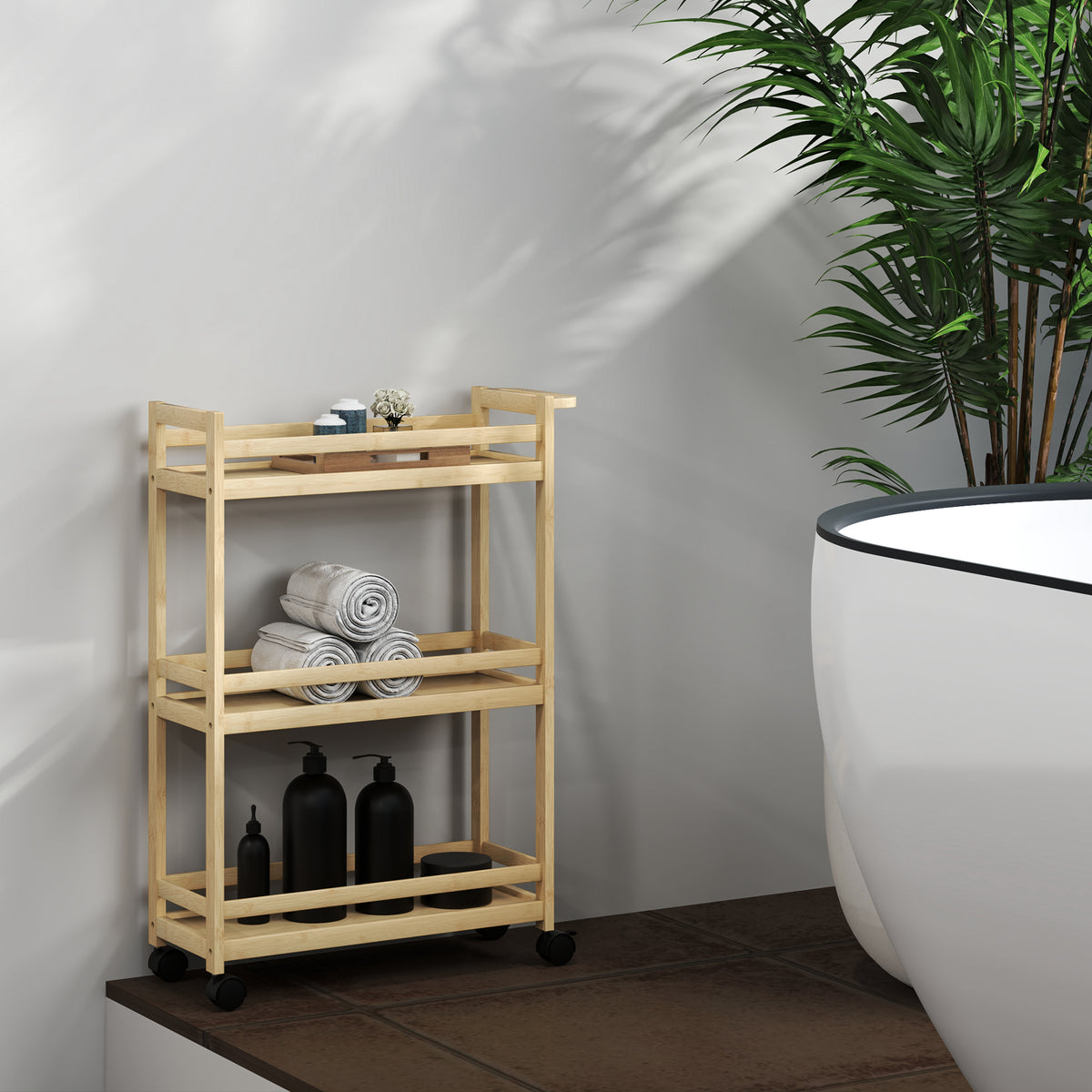 Étagère de rangement de salle de bain en bambou à 3 niveaux avec roulettes pour cuisine, salle de bain, salon - naturel-9