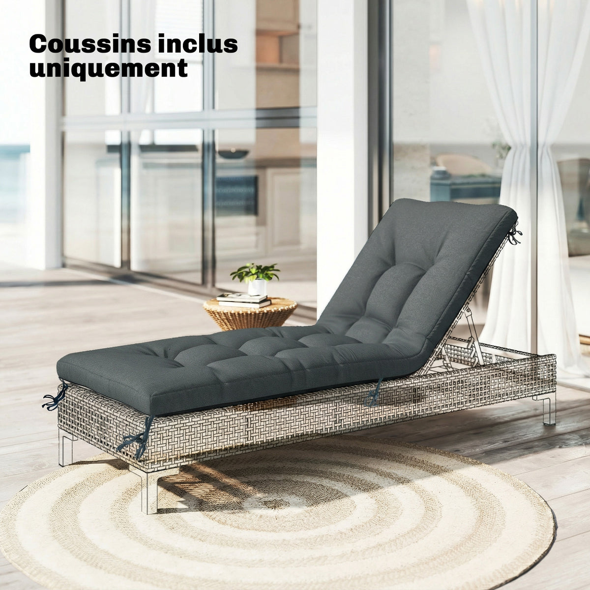 Coussin Bain de Soleil Chaise Longue en Mousse à Mémoire avec Sangles, Protection UV50+, 198x65x13cm, Gris foncé-1