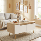 Table basse rectangulaire, table de salon moderne avec 2 tiroirs, 5 pieds en bois de pin, 100x50x46cm, chêne et blanc-8