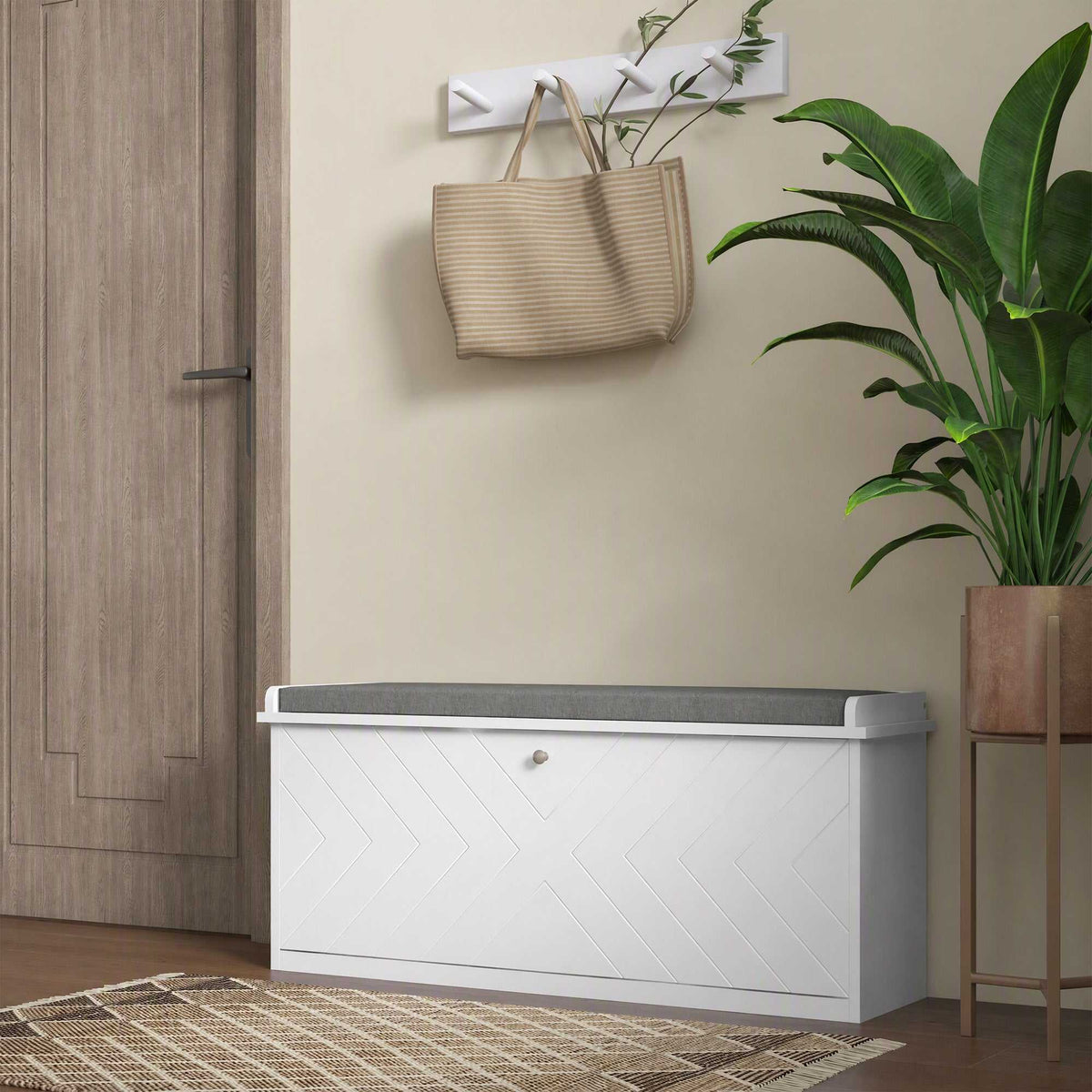 Banc à chaussures avec tiroir rabattable, coussin d'assise et étagère réglable, 100 x 26 x 48 cm, blanc-1