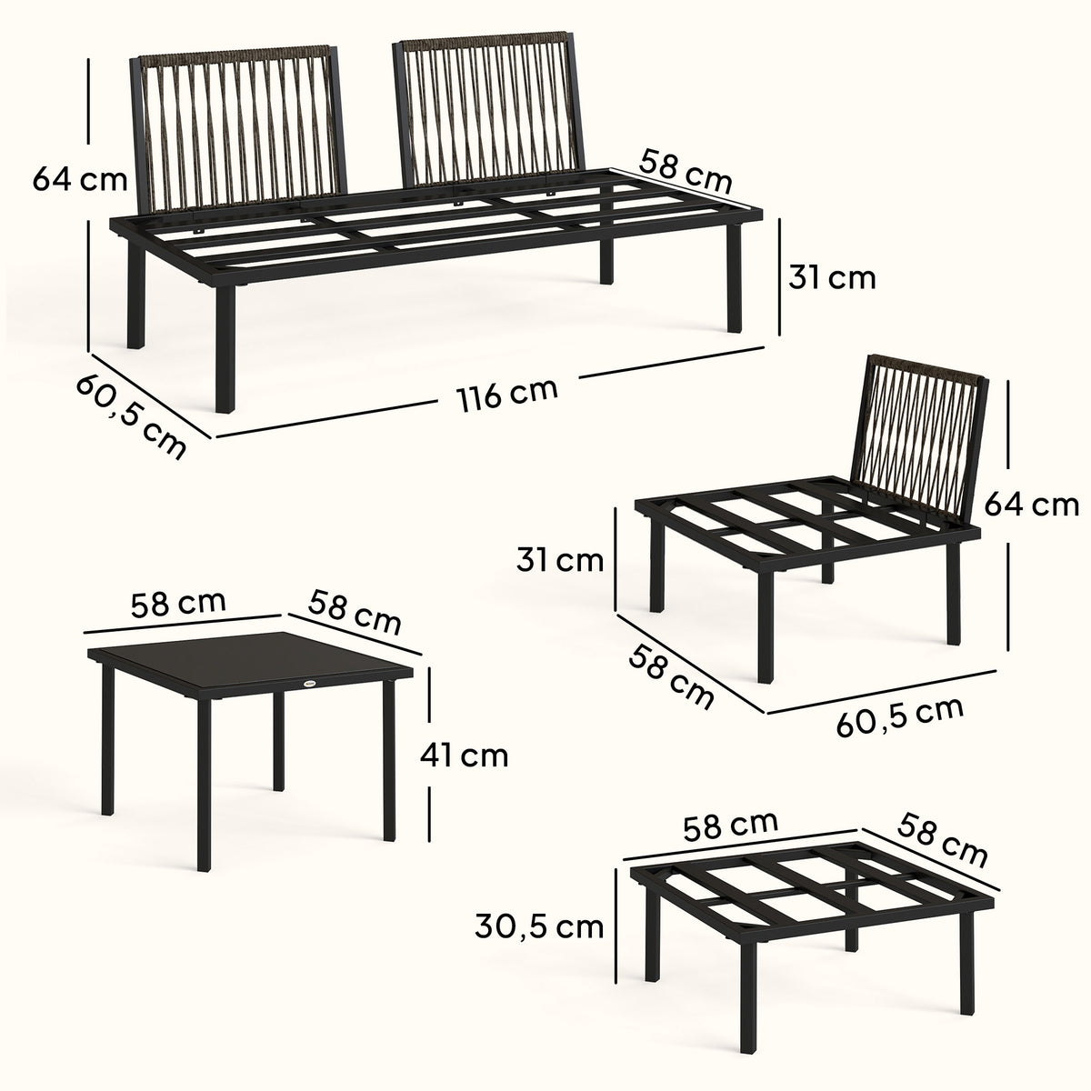 Salon de jardin extérieur d'angle modulable 6 personnes, table basse avec plateau en verre trempé, gris clair-2