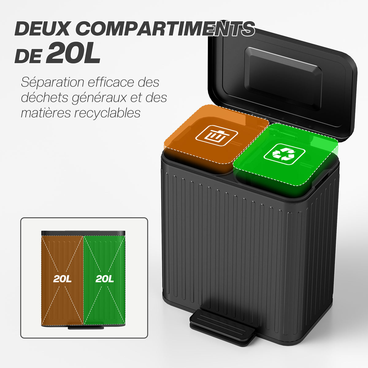 Poubelle à double compartiment 2 x 20L, poubelle de cuisine à pédale, seaux intérieurs amovibles, 45,5x36,5x51cm, noir-3