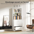 Bibliothèque à 6 niveaux, meuble de rangement avec 3 tiroirs et 3 étagères ouvertes, 79 x 39,5 x 182,2 cm, blanc-3