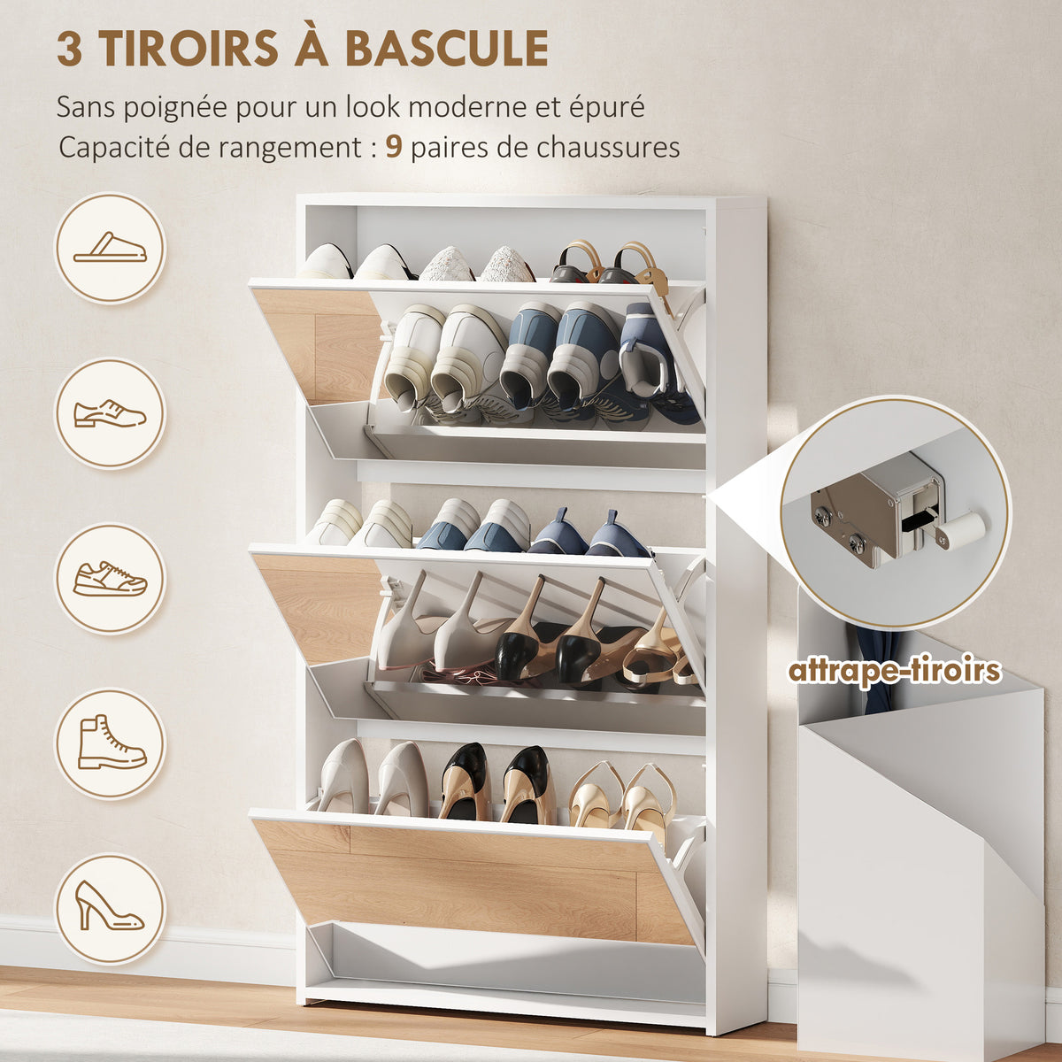 Meuble à chaussures 9 paires, armoire à chaussures étroite, 3 tiroirs rabattables et portes miroirs, 65x17x114,5cm blanc-3