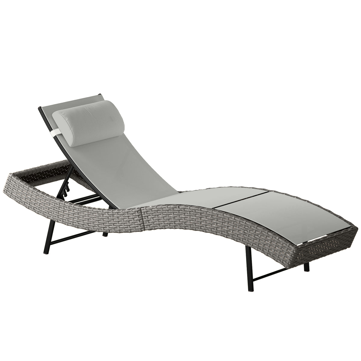 Chaise longue en résine tressé, bain de soleil avec dossier réglable 5 positions et appui-tête, 198 x 61 x 44 cm, gris-0