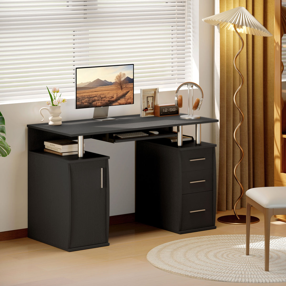 Bureau d'ordinateur, bureau informatique 120 x 55 cm avec plateau pour clavier, 3 tiroirs, pour chambre, domicile, noir-9
