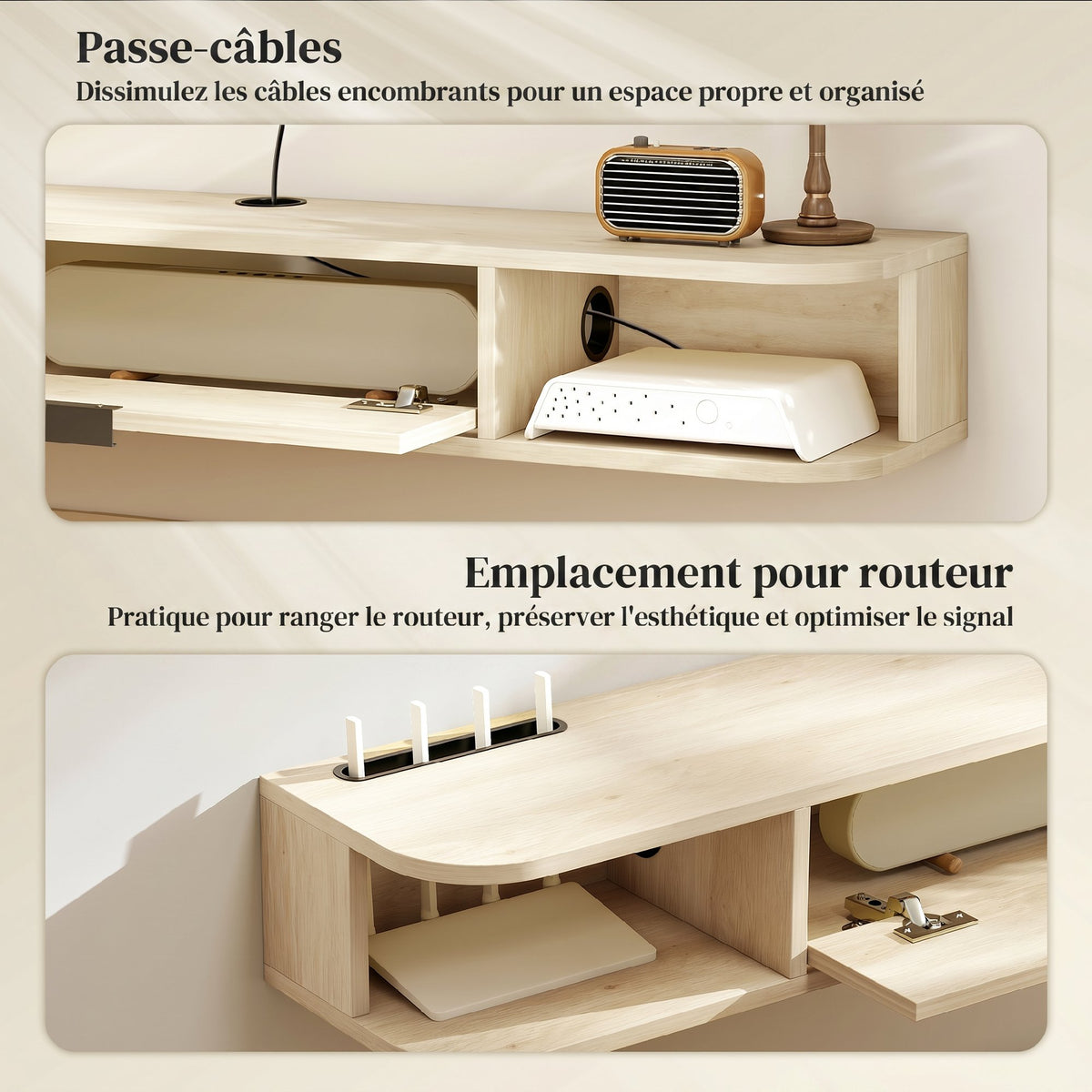 Meuble TV suspendu, meuble télé pour téléviseur jusqu'à 50 pouces, tiroir rabattable 2 étagères 120x24x16cm bois naturel-5