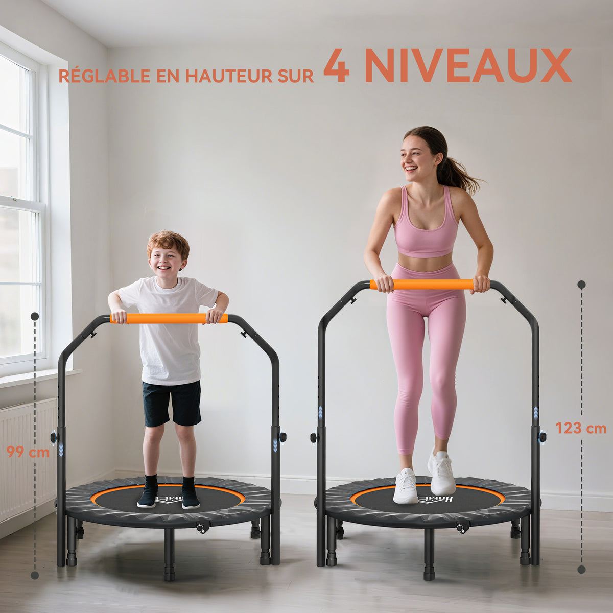 Trampoline de fitness gymnastique avec poignée réglable, pliable, 6 pieds, 28 ressorts Ø 102 cm, noir orange-3