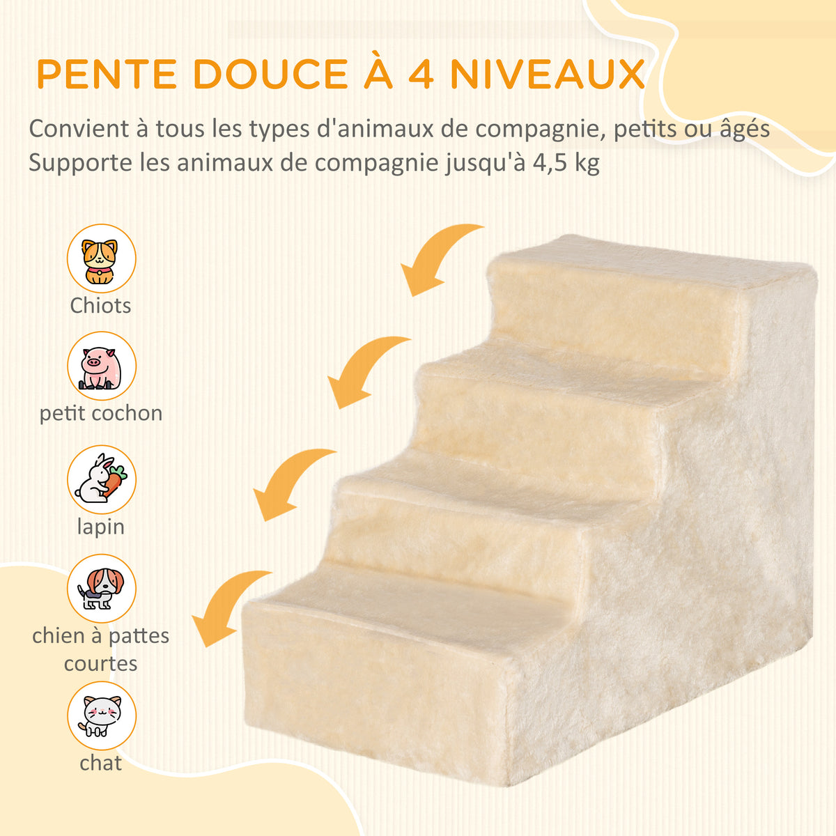 Escalier pour chien à 4 marches escalier pour chat échelle antidérapante housse amovible et lavable 60 x 35 x 44cm beige-3