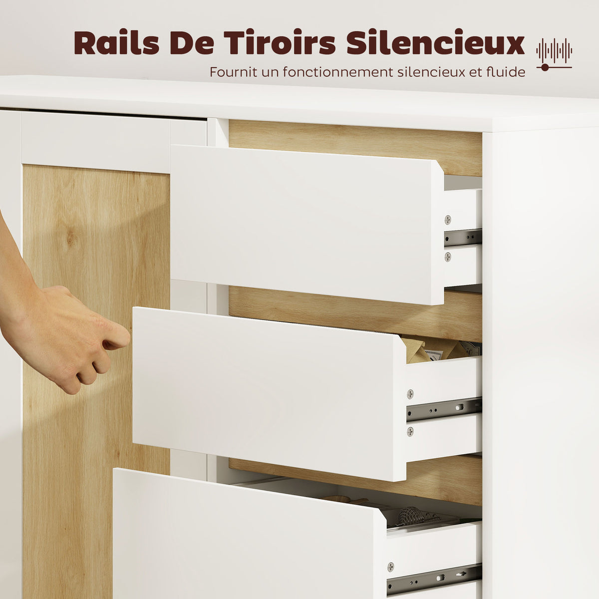 Buffet, meuble de rangement avec 2 portes et 4 tiroirs, étagère réglable, 120 x 40 x 86 cm, blanc et chêne-5