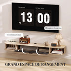 Meuble TV suspendu, meuble télé pour téléviseur jusqu'à 60 pouces, tiroir rabattable 2 étagères 140x24x16cm bois naturel-4