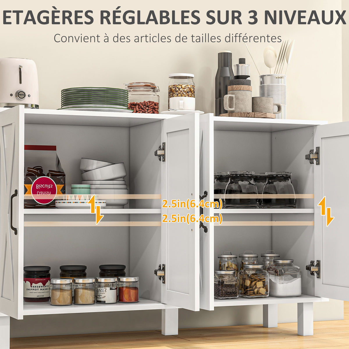 Meuble de rangement buffet bas 4 portes avec étagères réglables en hauteur style campagne longueur 120 cm blanc-4