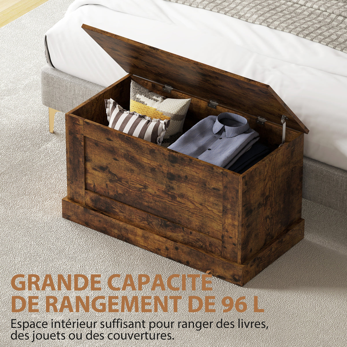Coffre de rangement, coffre à jouets, avec charnière de sécurité, pour salon, en bois, 80 x 40 x 45 cm, brun rustique-3