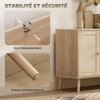 Buffet salon meuble de rangement placards à portes en cannage et étagère réglable 140 x 40 x 75 cm effet bois naturel-5