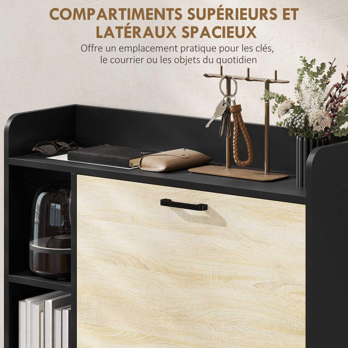 Meuble à chaussures 15 paires, armoire à chaussures moderne avec 2 tiroirs rabattables, 83x24x90,5cm, noir-5