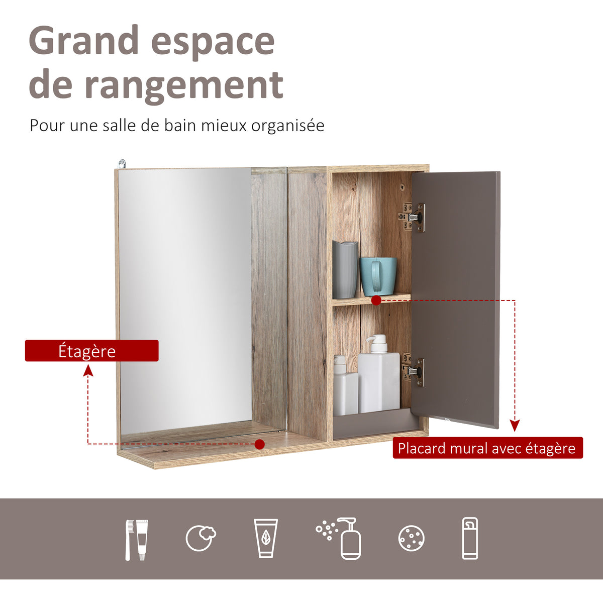 Ensemble de Meuble sous lavabo, armoire avec miroir et meuble colonne pour salle de bain en bois chêne Clair Gris-5