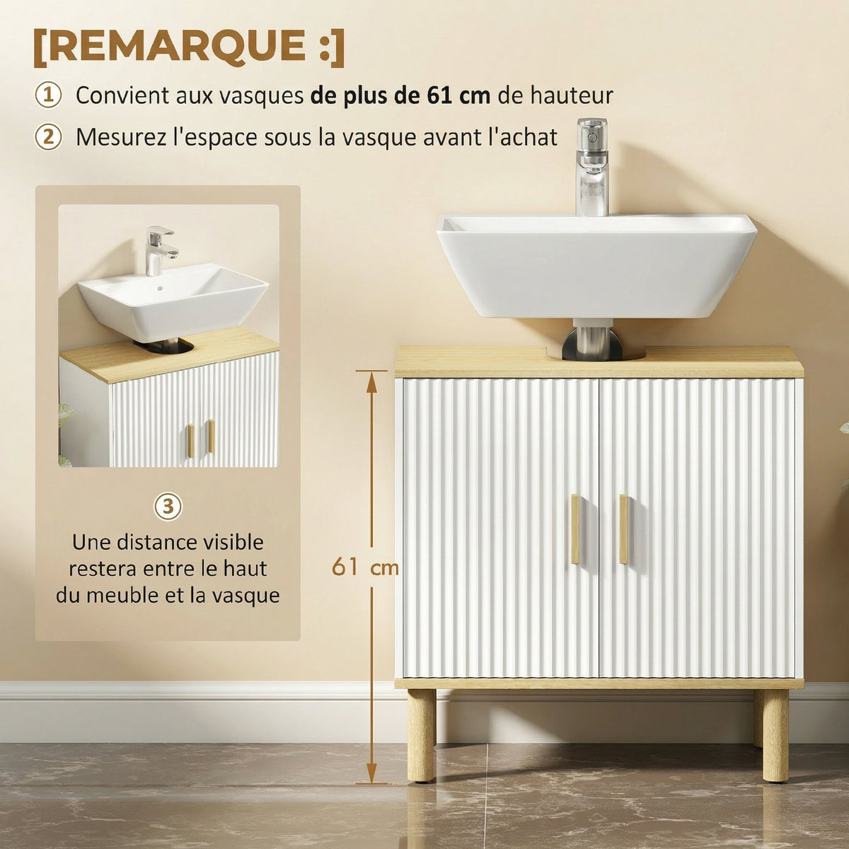 Meuble sous lavabo, meuble de salle de bain avec 2 portes et étagère réglable, 60 x 30 x 61 cm, blanc-4