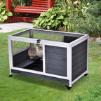 Clapier lapin intérieur, cage à lapins avec toit ouvrant, roulettes, plateau amovible et rampe, cage en bois, 90 x 53 x 59 cm, gris foncé et blanc-1