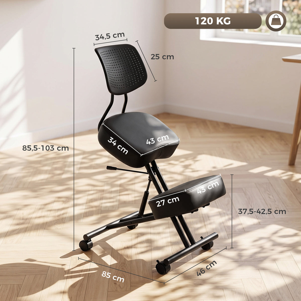Chaise à Genoux Ergonomique avec Dossier, Siège Assis Genoux Réglable en PU sur Roulettes, Noir-2