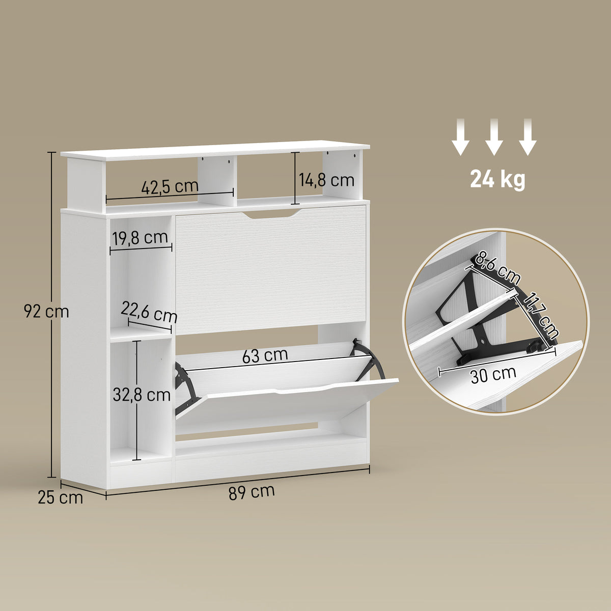 Meuble à chaussures, armoire à chaussures, 2 tiroirs rabattables, compartiments ouverts et étagère réglable, blanc-2