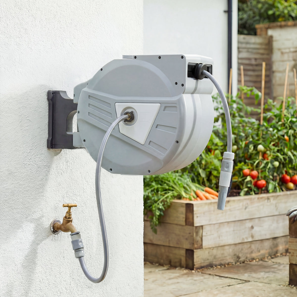 Enrouleur Tuyau Arrosage Mural 40+2 m x Ø 15mm, Dévidoir de Tuyaux d'Eau Rétractable Automatique Pivotant à 180°, Gris-1