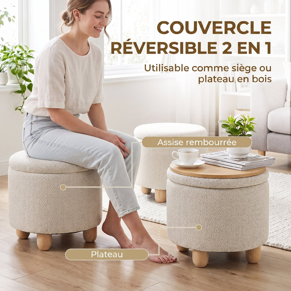 Pouf Coffre de Rangement Rond en Toile de Jute, Repose-pieds avec Couvercle, Pieds Bois Hévéa, Beige-3