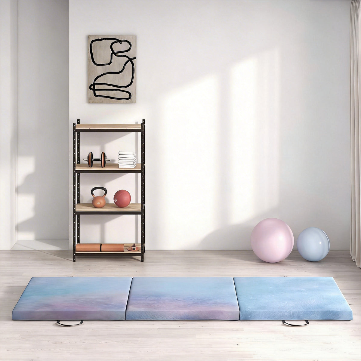 Tapis de gymnastique yoga pilates fitness pliable en 3 panneaux avec poignées revêtement synthétique 180 x 60 x 5cm bleu-1