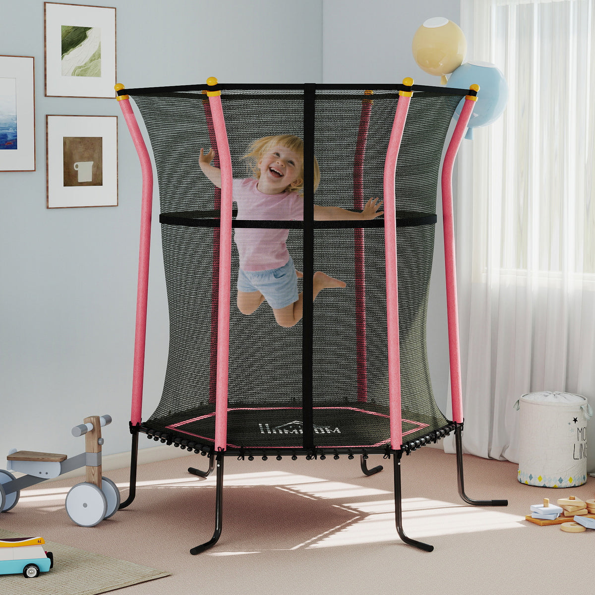 Trampoline pour enfant 1,22 x 1,11 x 1,9 m filet de sécurité porte zippée 6 poteaux rembourrés inclus rose noir-9