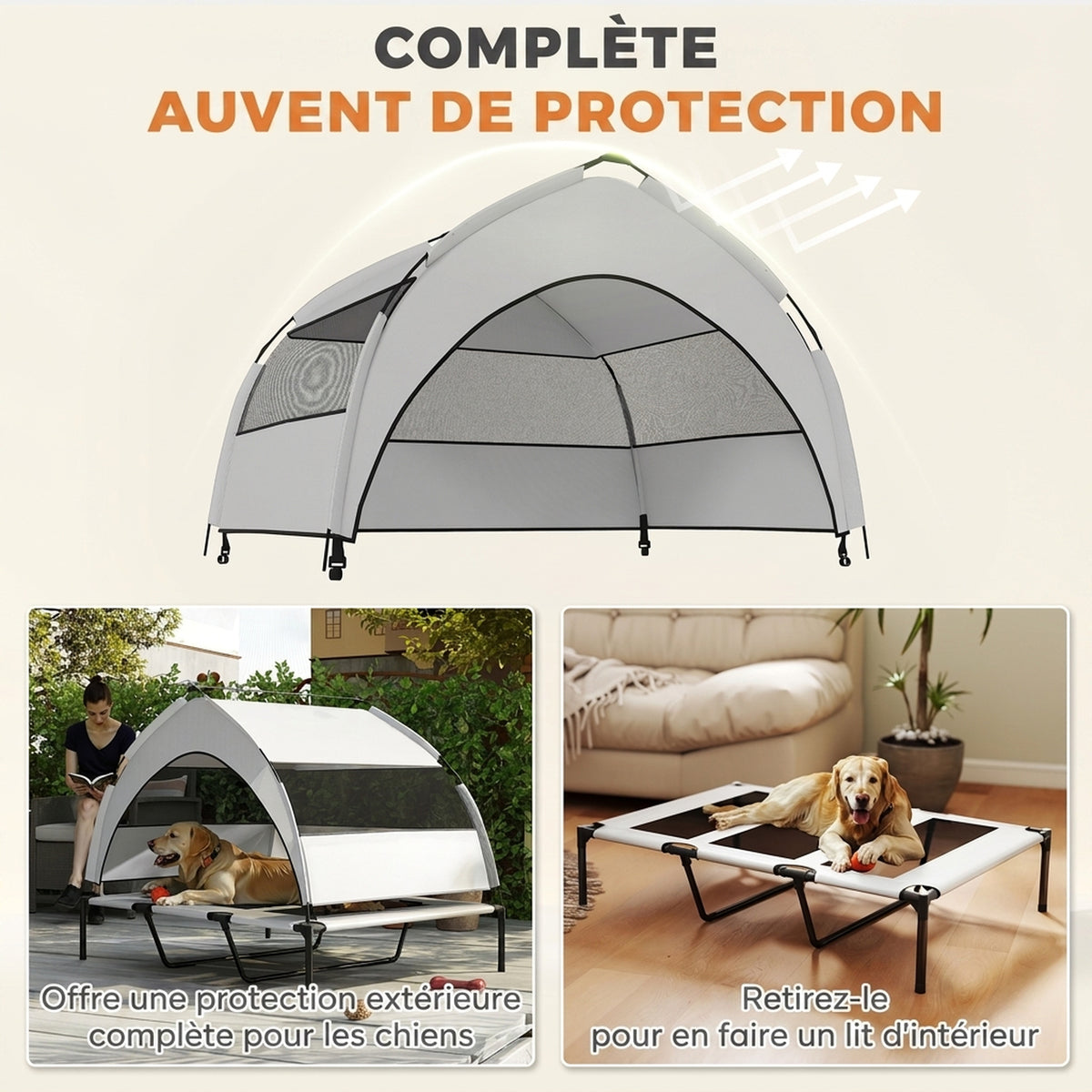 Lit pour Chien Surélevé Tente pour Chien avec Auvent Tente 3 Côtés Respirant Textilène Sac 122x92x94cm Gris Clair-3