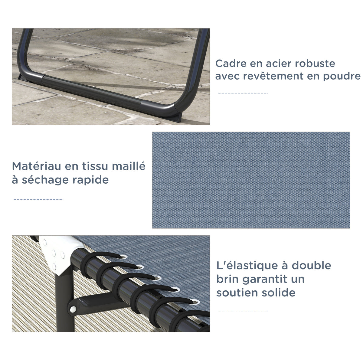 Bain de Soleil transat Pliable Dossier inclinable Multi-Positions Acier thermoplastique Lacets élastiques Noir-4