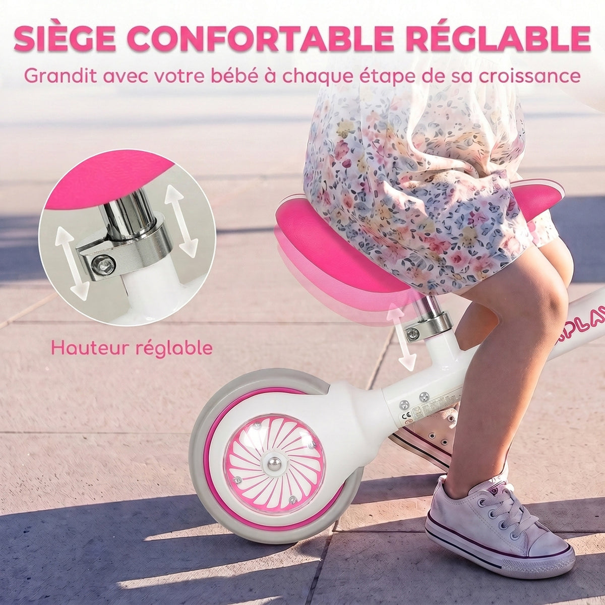 Draisienne Bébé 1-2 ans, Roue lumineuse, 3 Roues EVA Silencieuses sans Pédale, Limiteur Direction 135°, 51x22x36cm, Rose-5