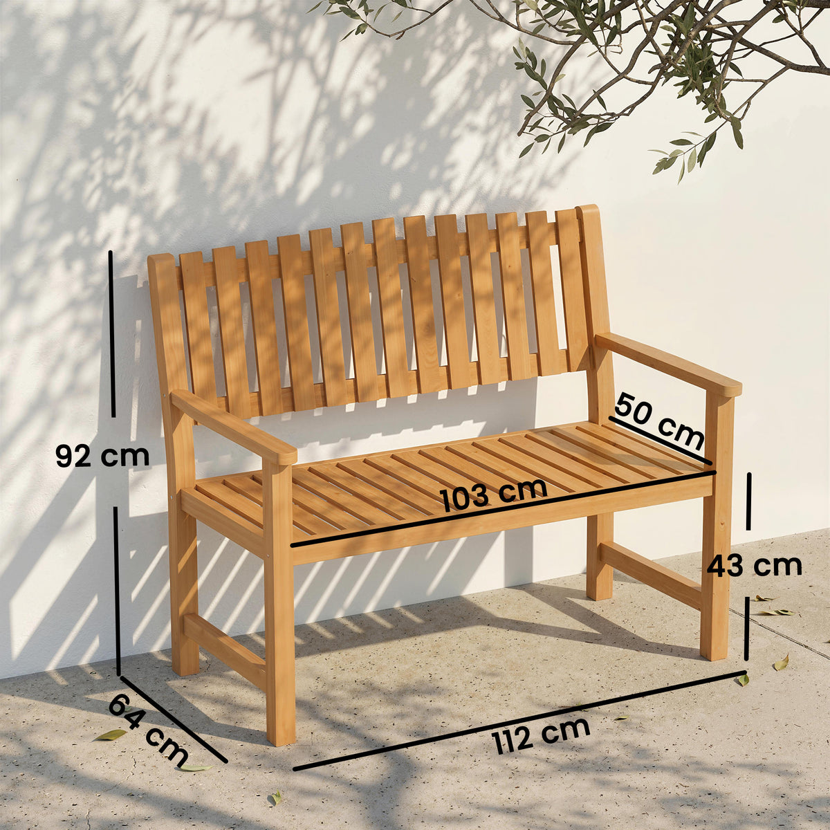 Banc de Jardin Banquette de Terrasse 2 Places Charge Max. 320kg Accoudoirs 112 x 64 x 92 cm Bois d'Acacia Naturel-2