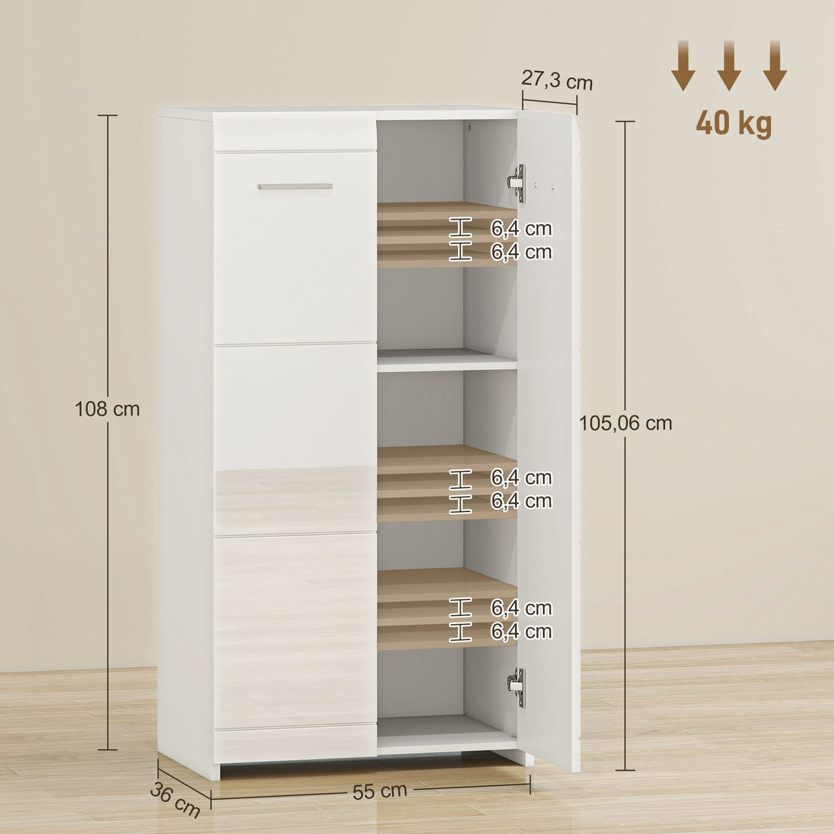 Meuble à chaussures 10 paires, armoire à chaussures à haute brillance 5 niveaux, étagères réglables, 55x36x108cm, blanc-2