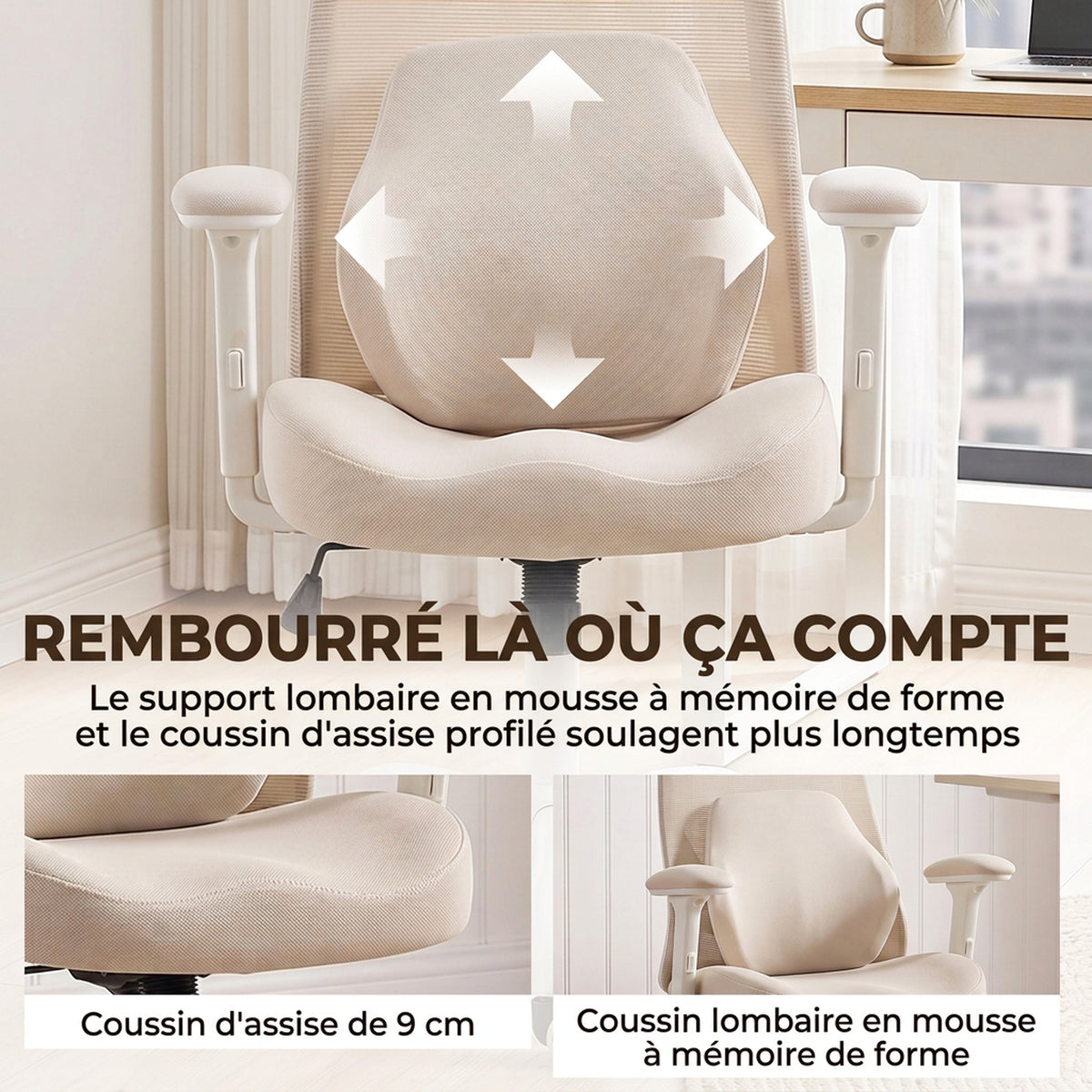 Chaise Bureau Ergonomique, Fauteuil Bureau en Maille, Soutien Lombaire à Mémoire de Forme, Accoudoirs Réglables, Beige-4