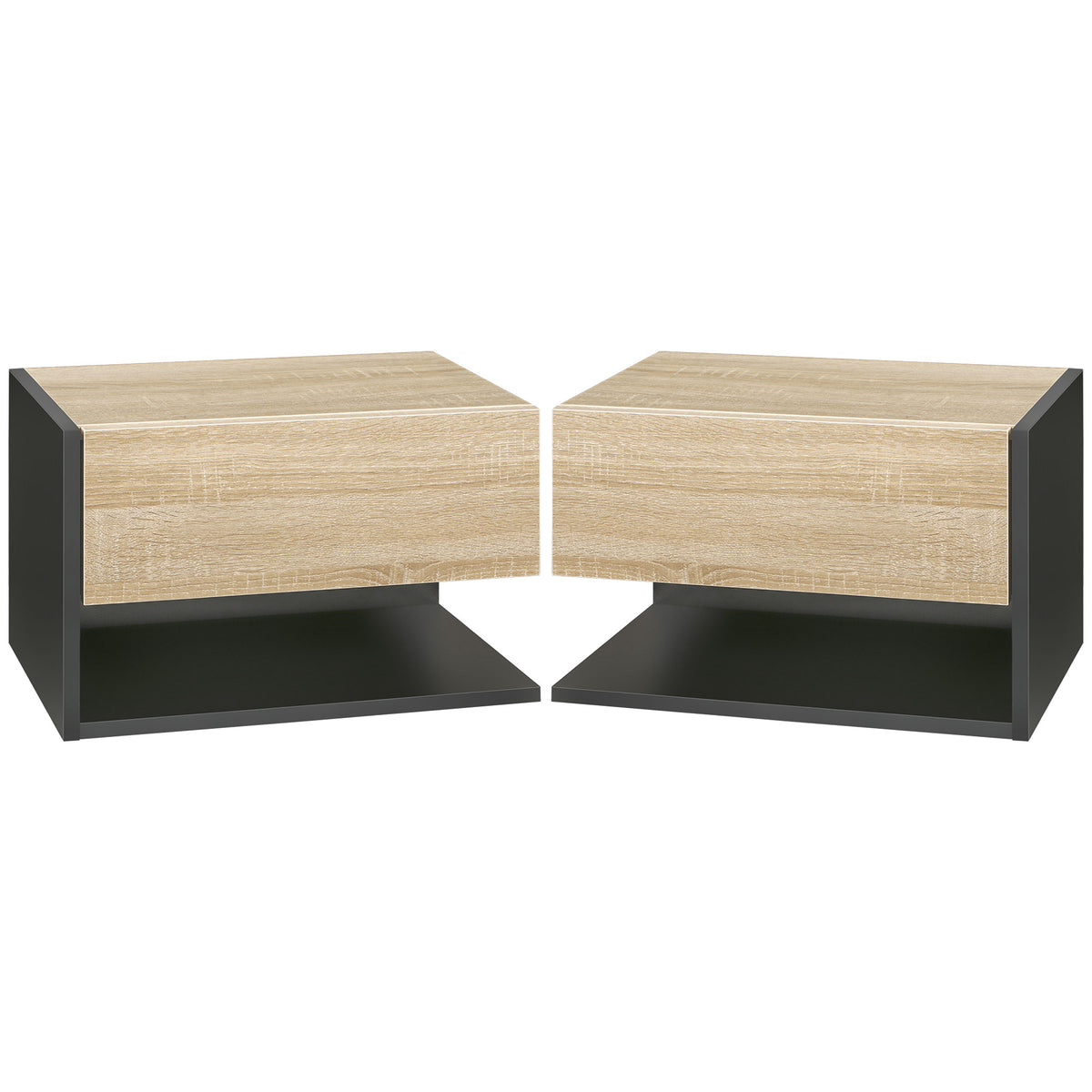 Lot de 2 Tables de Chevet murales - Lot de 2 Tables de Nuit - tiroir Coulissant, étagère, Bicolore Aspect chêne Noir-0
