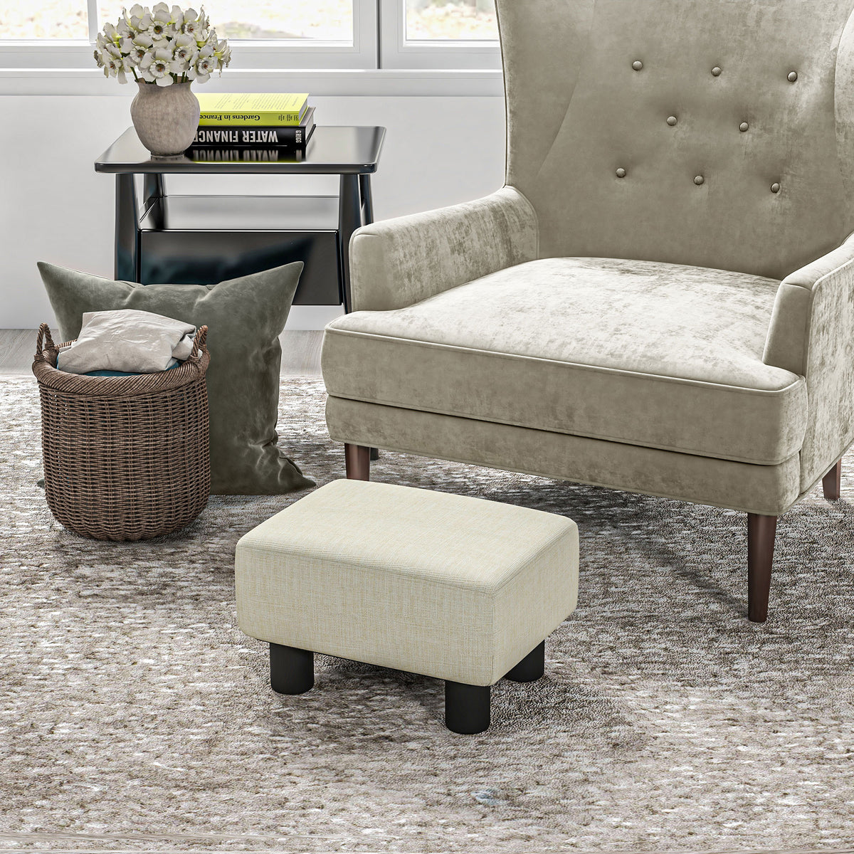 Pouf repose-pied tabouret bas en tissu de lin capacité de charge 110 Kg 40 x 30 x 24 cm beige-1