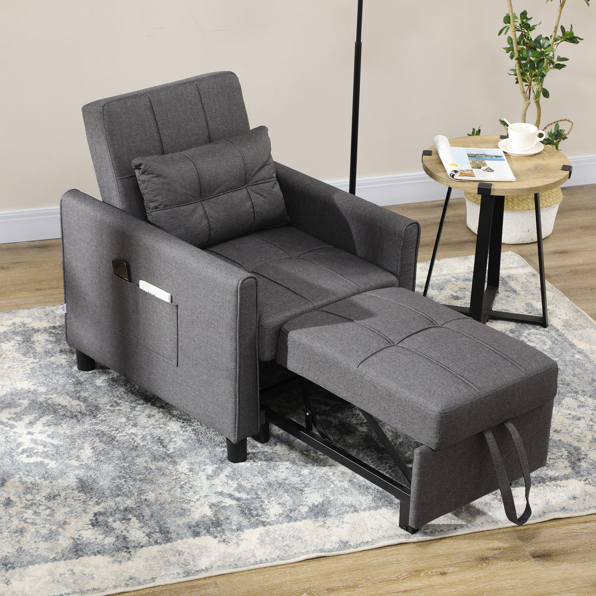 Fauteuil convertible 1 place 3 en 1 dossier réglable en 3 positions oreiller inclus 2 poches latérales 69x82x85cm gris-1