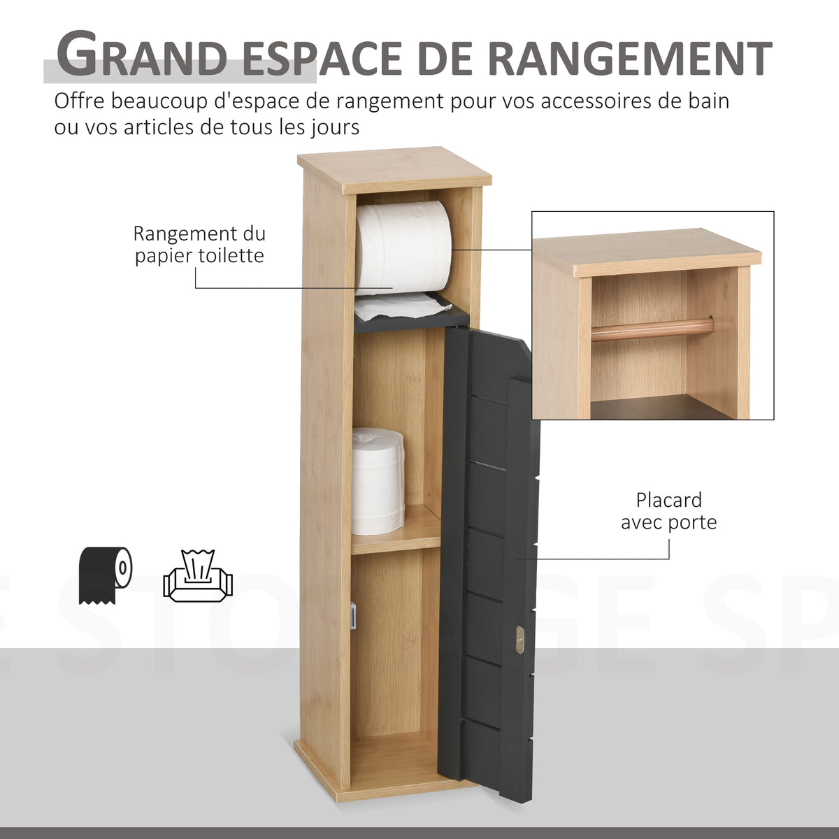Support Papier Toilette - Porte-Papier Toilette - 2 Niveaux MDF Gris Bambou-3
