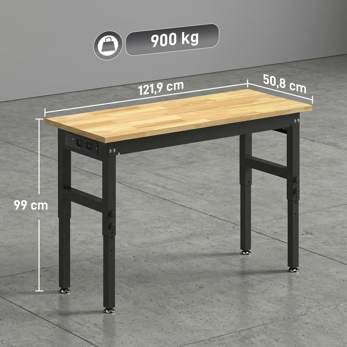 Établi d'Atelier Réglable, 121,9x50,8x79-99cm, Charge 900 kg, 2 Prises et 2 Ports USB, Panneau Perforé, Noir-2