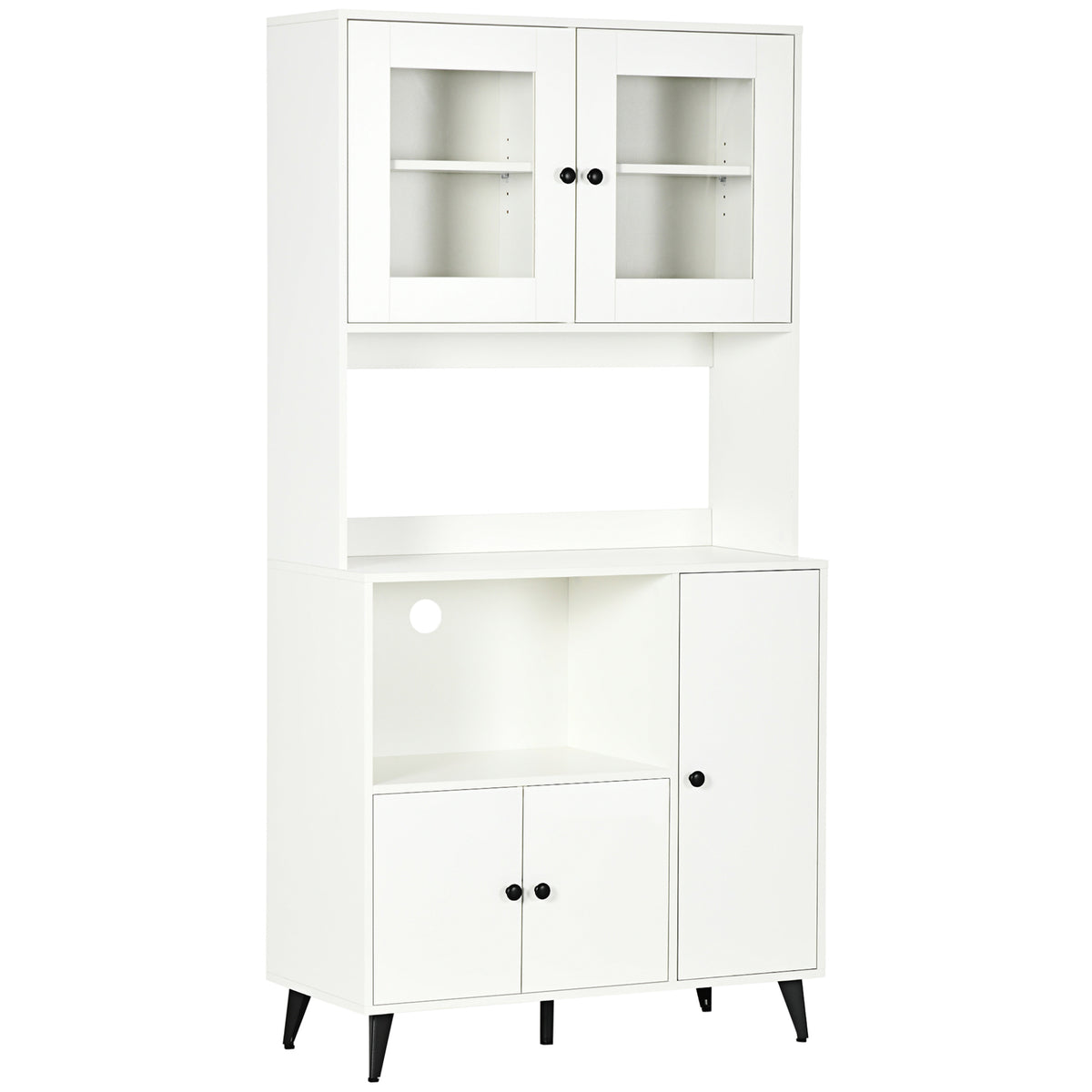 Armoire de cuisine avec 3 placards, niches, étagères réglables, portes vitrées, passe-câble, 90x40x180cm, blanc-0