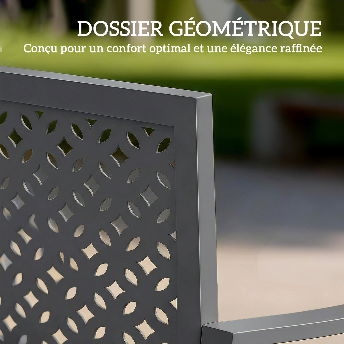 Banc d'extérieur en métal, 2 places, avec dossier géométrique antirouille et accoudoirs, gris foncé-5