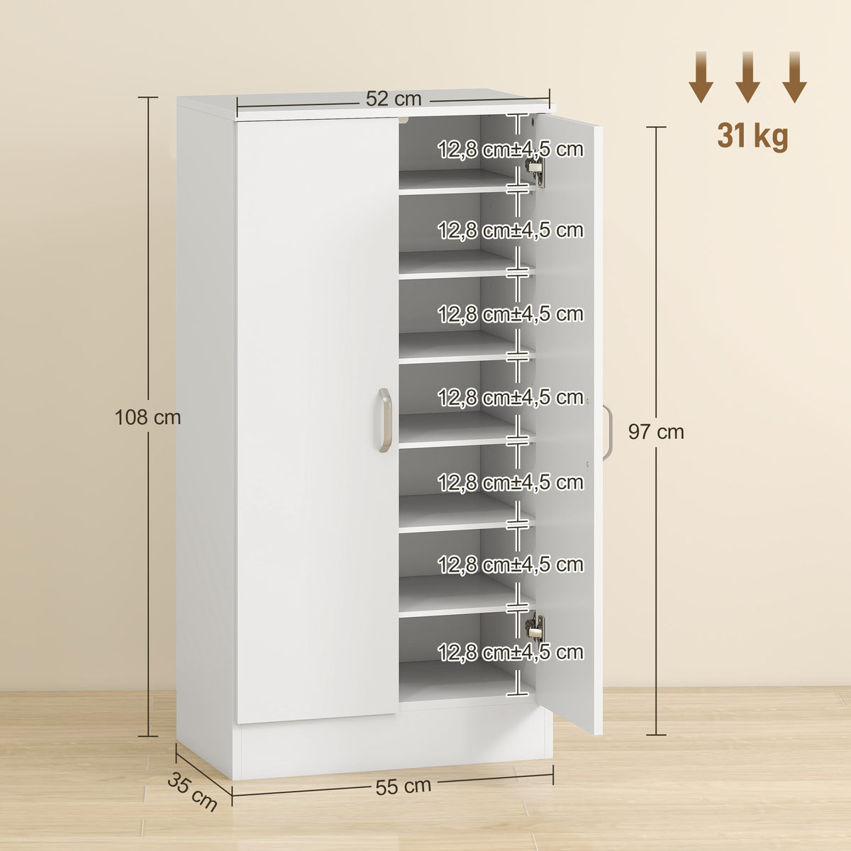 Meuble à chaussures 14 paires armoire à chaussures 7 niveaux avec 6 étagères réglables 2 portes à fermeture douce blanc-2