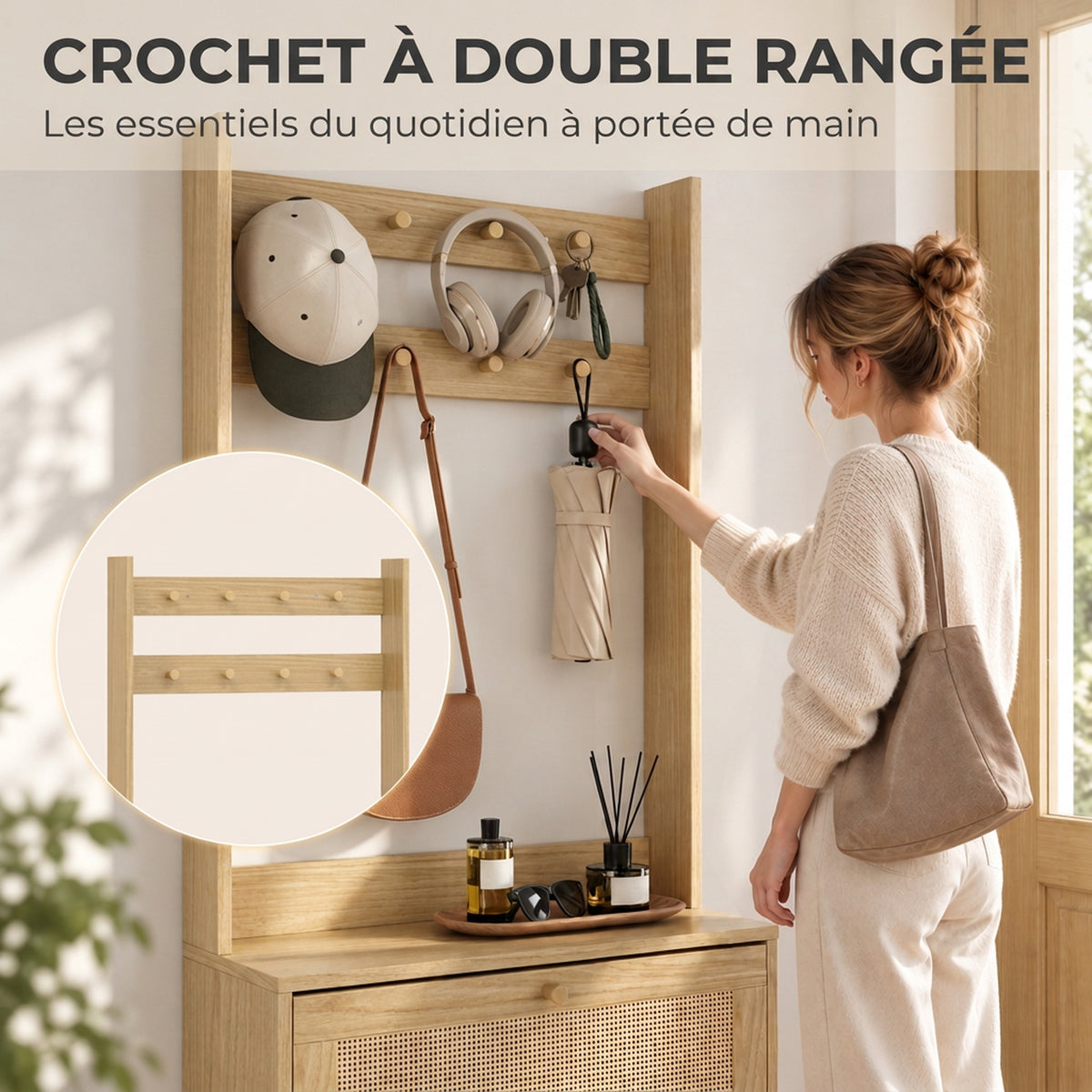 Porte-Manteau 2 en 1, Meuble d'Entrée avec Meuble à Chaussures, Portes Effet Rotin et 8 Crochets, Bois Naturel-4