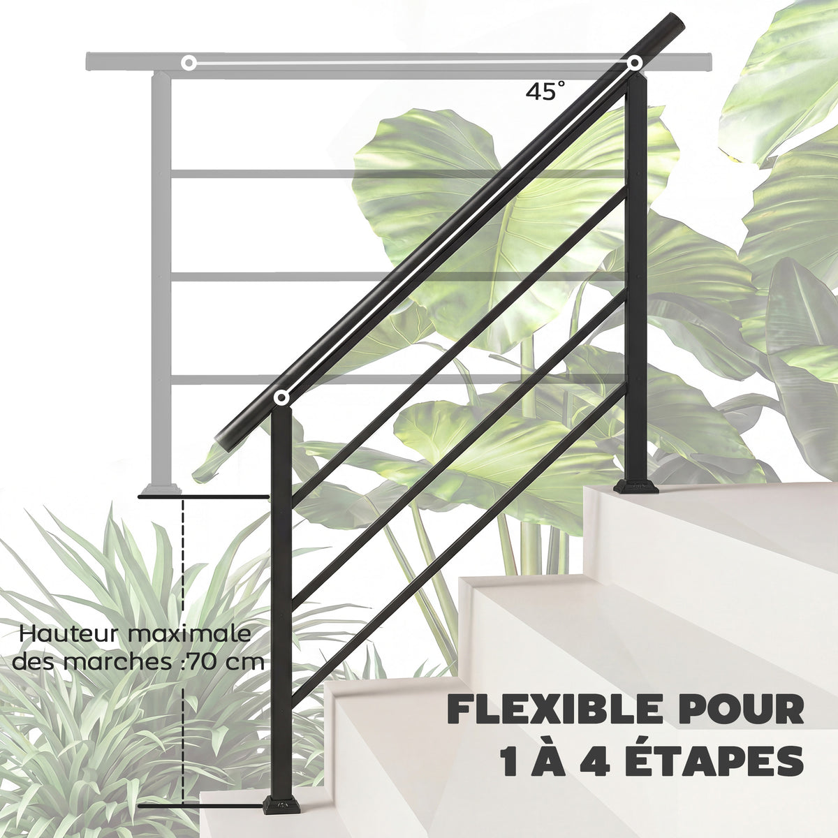 Rampe d'Escalier Extérieure pour 1 à 4 Marches, Main Courante Escalier en Métal avec Kit d'Installation, Noir-3