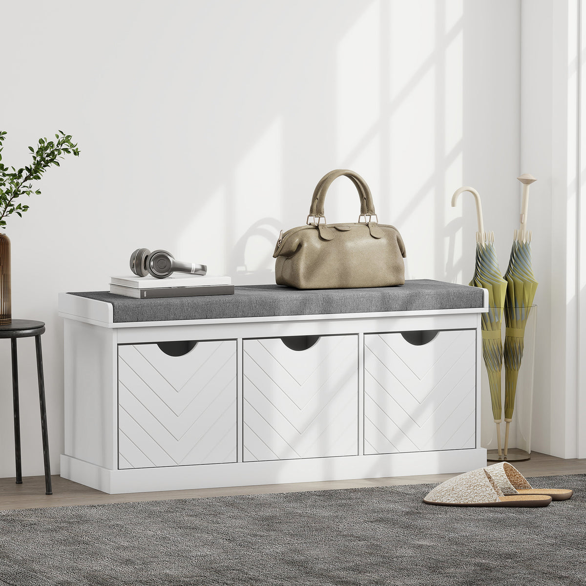 Banc chaussures entrée, banc de rangement avec 3 tiroirs amovibles et coussin rembourré en tissu aspect lin, blanc-9